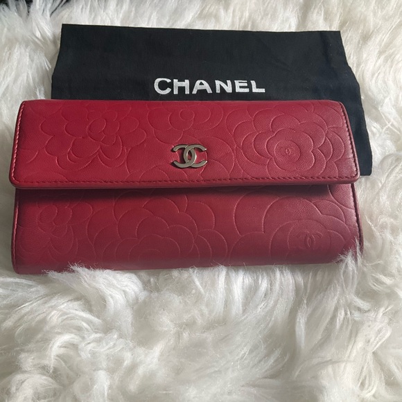 CHANEL Deep Red Camellia Leather Long Wallet - Picture 1 of 15